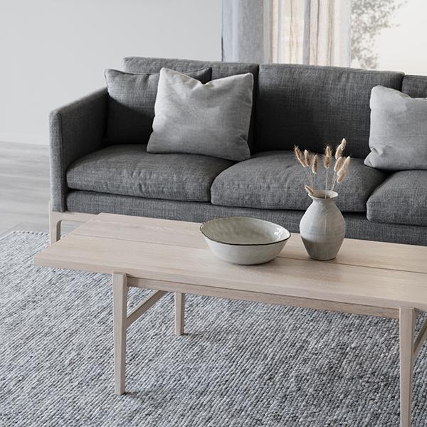 Rowico Ness-sohva harmaa / Ness-sohvapöytä valkopesty tammi