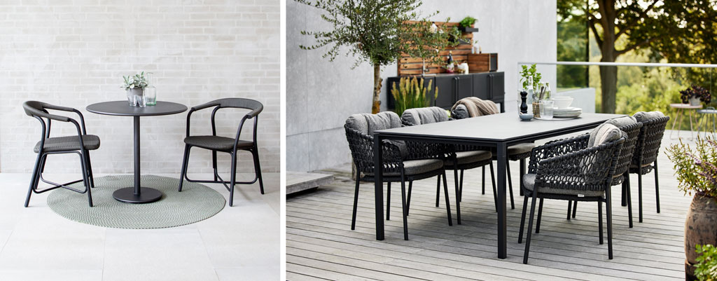 Terassi-ideat: Kolme tyyliä terassille | Cane-line Noble-tuolit ja Area-pöytä, Ocean-tuolit ja Pure-pöytä